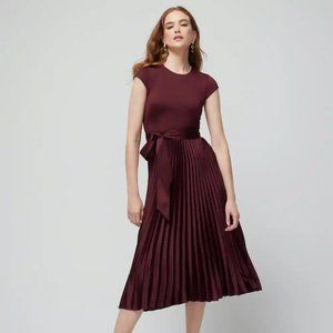 WHBM $180 Scuba Knit & Satin Pleated Dress Burgundy Port 10 12 14